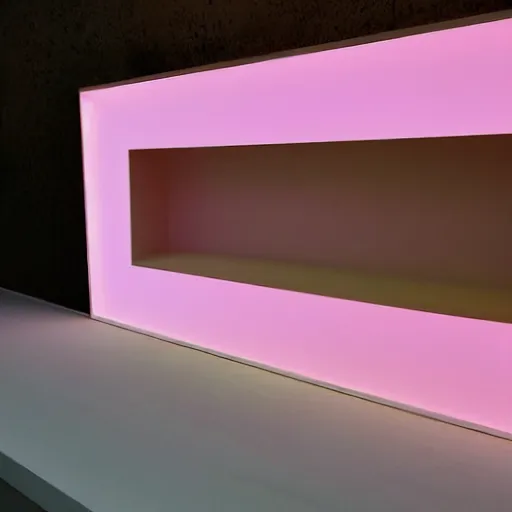 Image similar to An ultra high definition, professional photograph of an outdoor partial IKEA showroom inspired sculpture with a smiley face white dot matrix light sign located on a pastel pink beach ((with pastel pink, dimpled sand where every item is pastel pink. )) The sun can be seen rising through a window in the showroom. The showroom unit is outdoors and the floor is made of dimpled sand. The showroom unit takes up 20% of the frame. A square dot matrix sign displays an emoji somewhere in the scene. Morning time indirect lighting with on location production lighting on the showroom. In the style of wallpaper magazine, Wes Anderson.