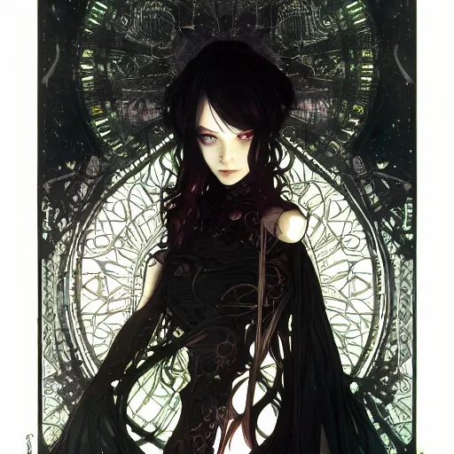 Image similar to detailed portrait dark girl of cyberpunk wizard, wizard magic staff, elite, elegant, concept art, intricate complexity, by shigenori soejima, krenz cushart, alphonse mucha, takato yamamoto, rule of thirds, 4 k, beautiful, cinematic dramatic atmosphere