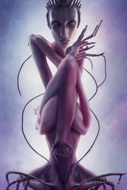 Image similar to portrait of an elegant alien spider queen, long legs, many legs, spindly legs, full body character concept art, by artgerm, tom bagshaw, gerald brom, vaporwave colors, lo - fi colors, vaporwave, lo - fi, moody vibe, goth vibe, 4 k, hd,