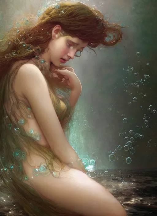 Prompt: hyper realist matte digital painting of a young beautiful woman, beautiful face, jugendstill, floating in water, bubbles rising, seaweed, fairytale, fantasy art, photo realistic, dynamic lighting, artstation, volumetric lighting, by mucha, by charlie bowater, by karol bak, by alma tadema