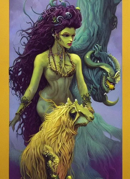 Prompt: portrait of princess of the dreamlands and moon beast, beautiful! coherent! by brom, muted colors, yellow purple green black