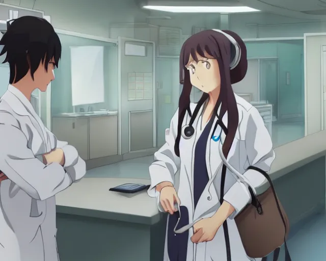 Prompt: a cute young female doctor wearing white coat are talking with an old surgeon in a hospital, slice of life anime, lighting, anime scenery by Makoto shinkai