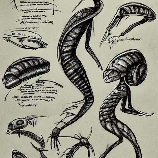 Image similar to sketches from the notebook of a xenobiologist, alien creatures