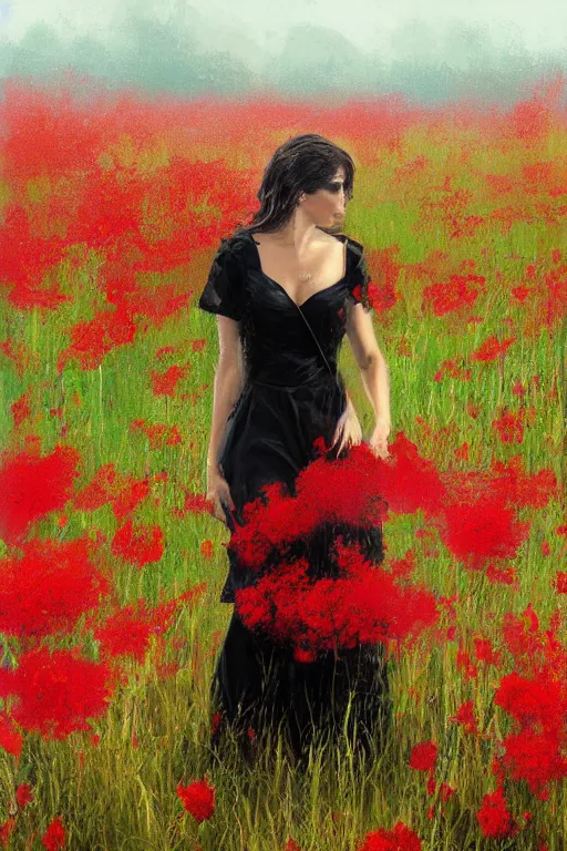 Prompt: a painting of a woman in a black dress standing in a field of red flowers by craig mullins, trending on artstation, color field, concept art, artstation hd, matte drawing