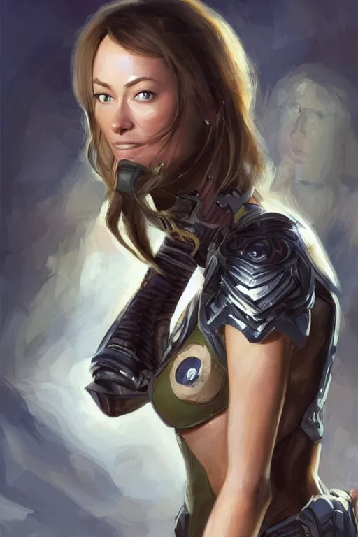 Image similar to a professional painting of a young Olivia Wilde, clothes in military armor, olive skin, long dark hair, beautiful bone structure, symmetrical facial features, intricate, elegant, digital painting, concept art, smooth, sharp focus, illustration, from StarCraft by Ruan Jia and Mandy Jurgens and Artgerm and William-Adolphe Bouguerea