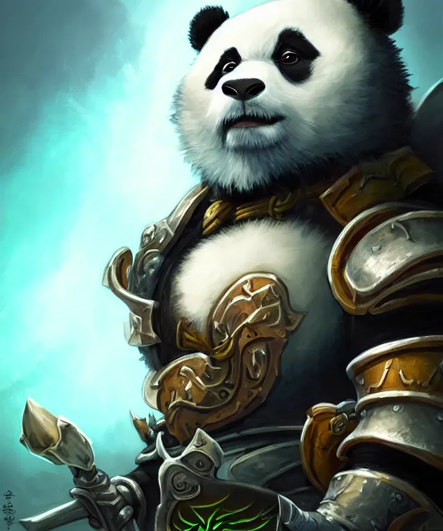 Image similar to a closeup portrait an anthropomorphic panda samurai, wearing armor with spiked shoulders, landscape in background, dnd character art portrait, world of warcraft style, by peter mohrbacher, cinematic lighting