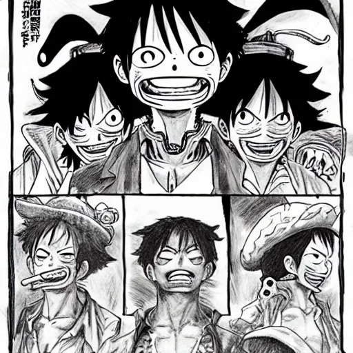 Image similar to [ luffy mustache ] ( by kim jung gi ) ( by george morikawa ) ( by kentaro miura ) ( by eiichiro oda )