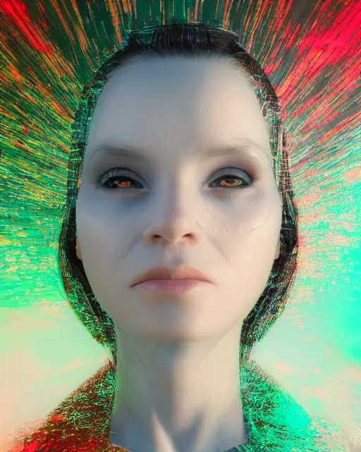 Prompt: a glitch art character portrait of female psychic a. i. manifesting into reality trending on artstation deviantart pinterest detailed realistic hd 8 k high resolution