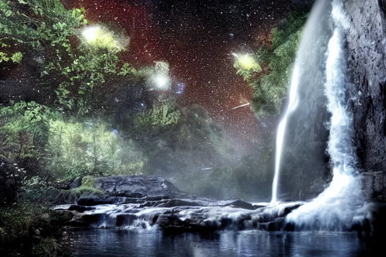 Image similar to A waterfall that is made up of stars. Cinematic lighting. Photorealism.