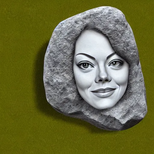 Prompt: big rock solid stone with the emerging face of emma stone buried inside the stone rock, realistic render