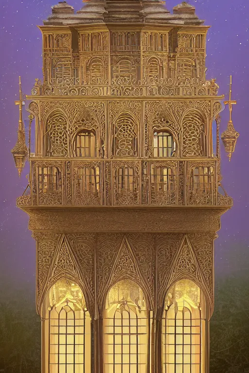 Image similar to ancient silver tower of the moon, fairytale illustration, elaborate carved latticed balconies, tall windows, moorish architecture, formal gardens, dramatic cinematic lighting, beautiful moths, soft colors, golden age illustrator, unreal engine