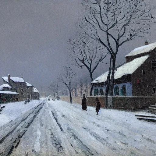 Prompt: A painting of a village during a snow storm, streets, pedestrians, Camille Pissarro, (((unreal engine)))