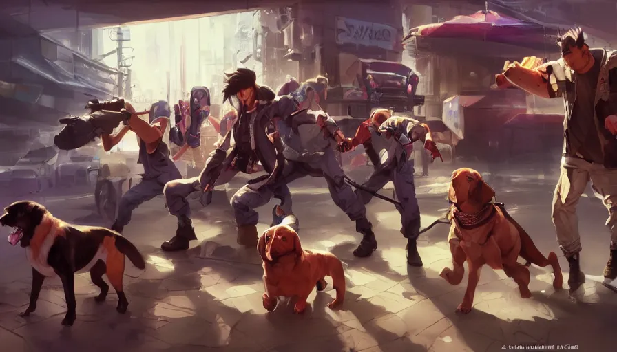 Image similar to a group of lawbreaking dogs trying to appear funny, cyberpunk art by yumihiko amano, jesper ejsing, by rhads, makoto shinkai and lois van baarle, ilya kuvshinov, cgsociety, figurative art, toonami, zbrush, official art