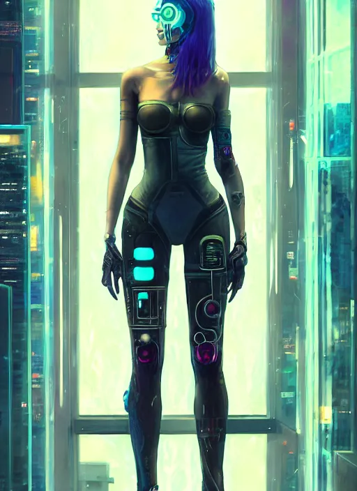 Image similar to art by ross tran, full body portrait of cyberpunk woman looking out of a window, cyberpunk setting, futuristic, highly detailed, intricate lighting, digital painting, sharp focus, illustration, cinematic, trending on artstation, by anna dittmann, karol bak, charlie bowater.