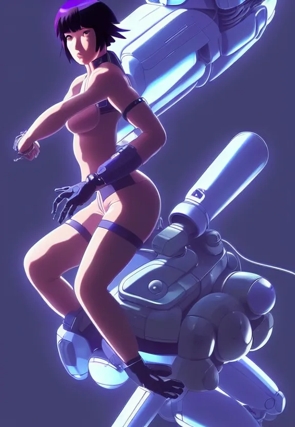 Image similar to a fullbody pose of motoko kusanagi riding a tachikoma, ghost in the shell : : connected to cables, under repairs, maintenance area, technicians : : by ilya kuvshinov, rossdraws, artgerm, sola digital arts, anti aliasing, raytracing : :