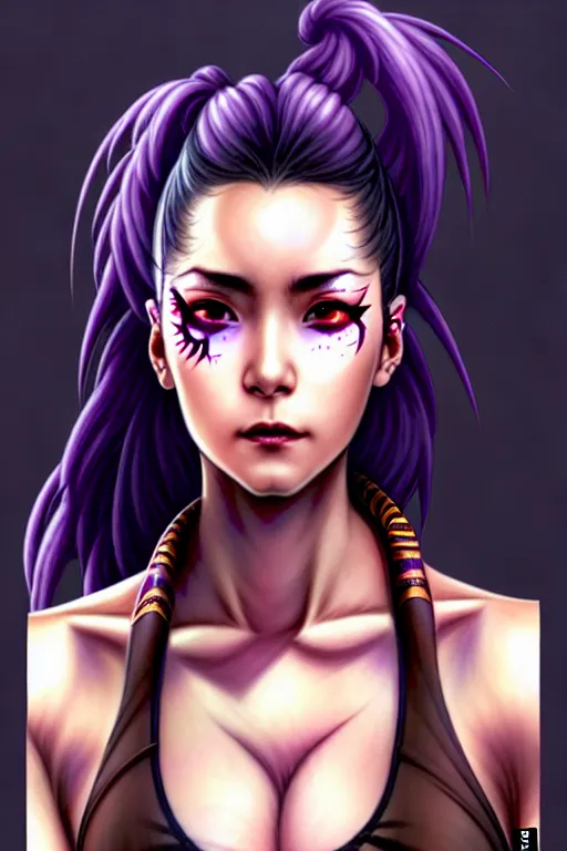 Image similar to a portrait of dilraba dilmurat as revy from black lagoon, smirk, black tank top, jean shorts, brown eyes, purple hair, tribal tattoos right arm sleeve, symmetrical eyes, symmetrical face, art by lois van baarle and loish and ross tran and rossdraws and sam yang and artgerm