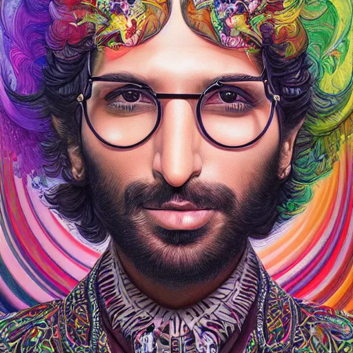 Image similar to portrait of ranveer singh, hyper detailed masterpiece, neon floral pattern, jean giraud, digital art painting, darkwave goth aesthetic, psychedelic, artgerm, donato giancola and tom bagshaw