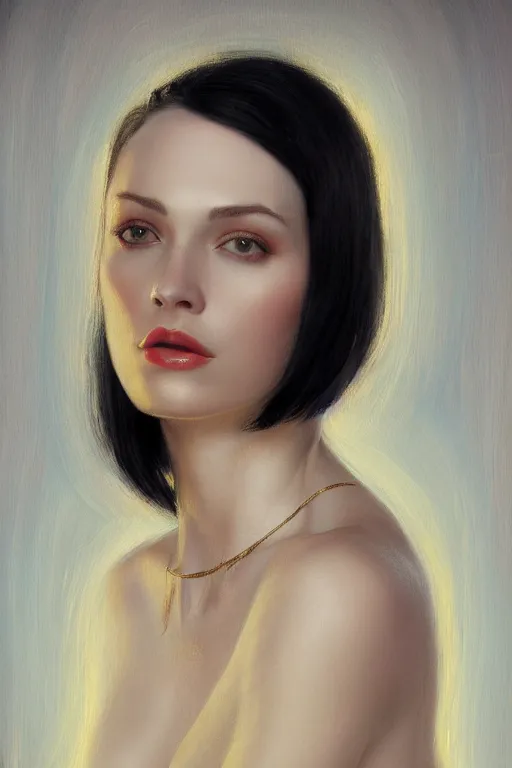 Image similar to Portrait of a beautiful pale skin Nordic female with short black hair, elegant, photorealistic, highly detailed, artstation, smooth, sharp focus, gold ornaments, neon lighting, sci-fi, art by Klimt.