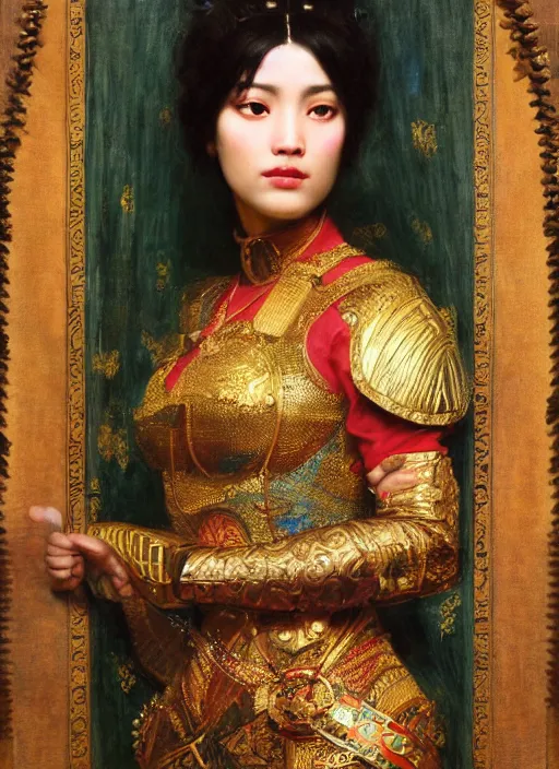 Image similar to beautifull asian queen cyborg with bangs curly Iranian orientalist portrait by john william waterhouse and Edwin Longsden Long and Theodore Ralli and Nasreddine Dinet, oil on canvas. Cinematic, hyper realism, dramatic lighting, high detail 4k