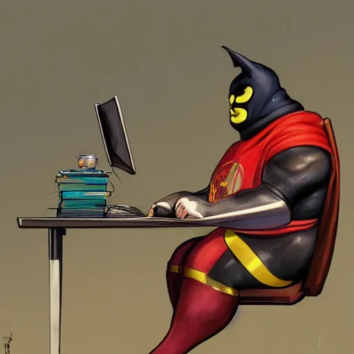 Image similar to a insanely detailed painting of a fat masked superhero wearing a costume sitting at a desk, staring at the nervously at the computer and clicking on the mouse, in the style of peter mohrbacher, dramatic lighting and composition, trending on artstation, concept art, comic book
