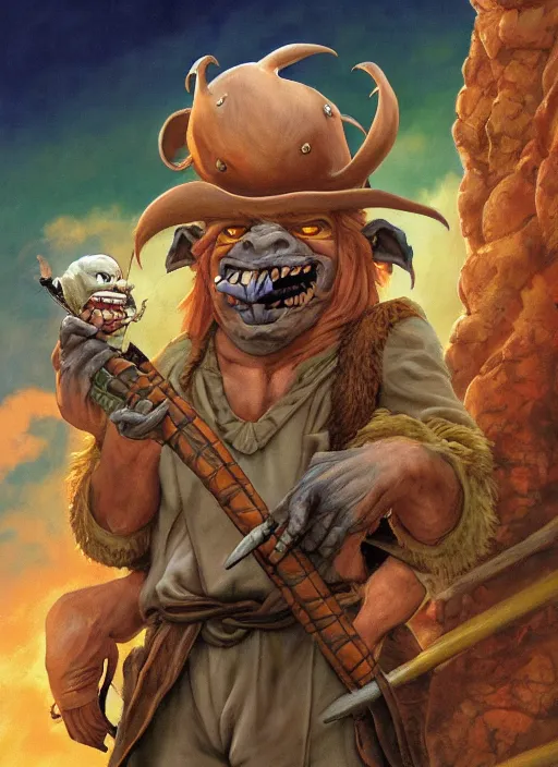 Image similar to boris vallejo and studio ghibli pathfinder 2 e illustration of a goblin mixed with a monkey smoking a cigar, pirate themed, character portrait, unreal engine, hyper realism, realistic shading, cinematic composition, realistic render, octane render, detailed textures, photorealistic, wide shot