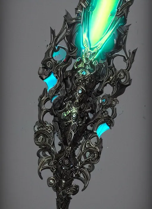 Image similar to legendary glowing sword of cybernetic technology, intricate, sharp black and iridescent blade, ornate gothic baroque spikes coming out, colorful hilt, vivid detailed realistic, ray tracing, colored gems, golden pommel, artstation, deviantart