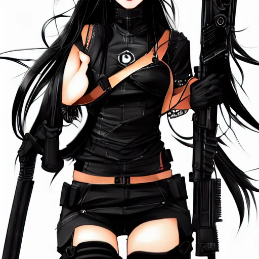 Image similar to upper body portrait of a beautiful girl with long black hair, wearing black riot gear, holding AR-15, drawn by WLOP, by Avetetsuya Studios, attractive character, colored sketch anime manga panel, trending on Artstation