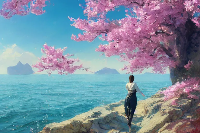 Image similar to narwhal jumping out the sea, sakura trees, sakura season dynamic lighting, landscape, artwork by jeremy lipkin and giuseppe dangelico pino and michael garmash and rob rey and greg manchess and huang guangjian and makoto shinkai, pixiv, 1 0 0 mm