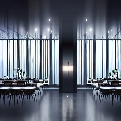 Prompt: modern high end designer restaurant at night in the foggy rain, symmetrical art deco office building with accent lighting, moody, epic composition, professional photograph, highly detailed, warm lighting interior, matte painting, large windows, dramatic lighting, unreal engine