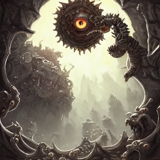 Prompt: a beholder creature patrolling, deep focus, d & d, fantasy, intricate, elegant, highly detailed, digital painting, dungeon, concept art, matte, sharp focus, illustration, hearthstone, skeletons, art by eva widermann and jesper ejsing