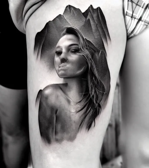 Prompt: a beautiful girl faded in a mountain background, in the style of den yakovlev, black and white, realism tattoo, hyper realistic, highly detailed