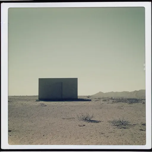 Image similar to impossibly large concrete structure in the distance, middle of the desert, minimalist architecture, megalophobia, foggy, old polaroid, expired film,