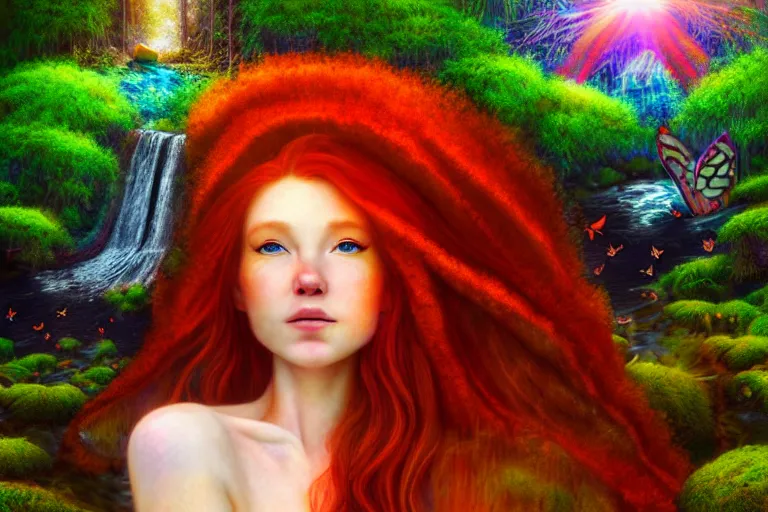 Prompt: a realistic portrait of a beautiful red haired mushroom goddess, standing inside a waterfall, in an enchanted psychedelic mushroom forest, butterflies, sunbeams at sunset, wlop