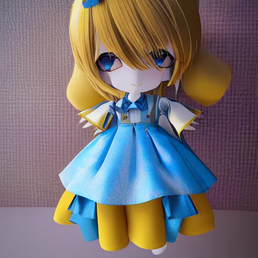 Prompt: cute fumo plush of a girl in a blue and gold patterned dress, stylized material bssrdf, vray, anime girl