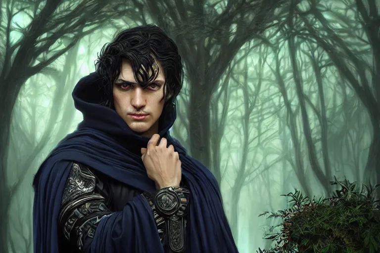 Prompt: ultrarealistic male mage half face infected portrait fighting, long black hair blue eyes wearing leather mantle gothic navy cloak with leather details, green plants, octane render, extreme intricate details, elegant, cinematic lighting, highly detailed, artstation, dnd fantasy character art, cgsociety, sharp focus, beautiful digital painting by artgerm, gerald brom, wlop, alphonse mucha