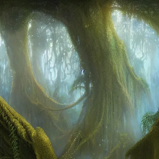 Image similar to Artwork of the Cinematic view of The Glittery Jungles by John Howe, Trending on artstation