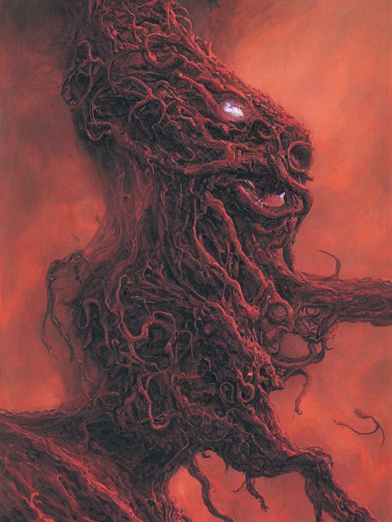 Image similar to painting by wayne barlowe of a flying sorrowful looking severed human head with tears running down it's eyes, face that is chalk white in color, with long sprawling white tentacles stemming down it's neck, fiery scorching red eyes, flying inside a terrifying hellish cave with lava flowing through it's walls, 4 k