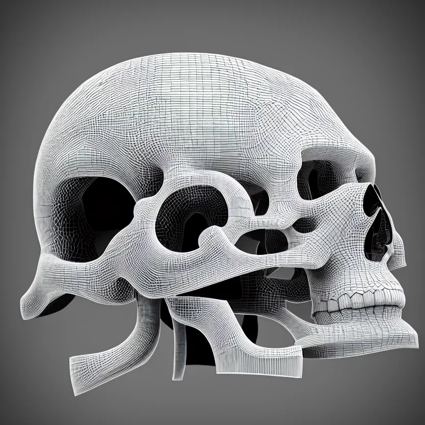 Image similar to black and white light 3D geometry, large skull, matte bright highly detailed, poetic, 3D render, digital art, octane render, 8K artistic photography, photo-realistic, by Dora Maar