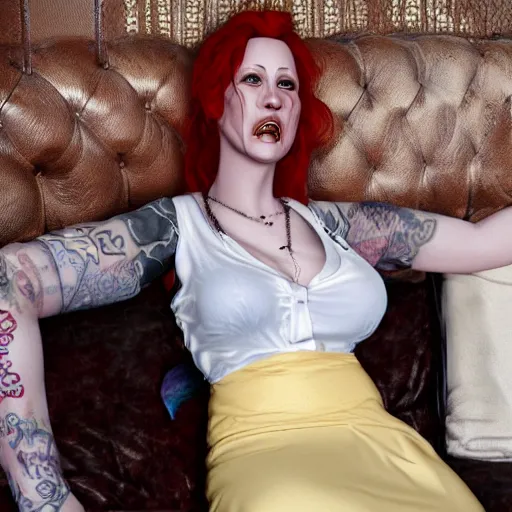 Image similar to of Moria the redheaded hot maid from American Horror season 1 laying on the couch with her skirt pulled up extremely high quality 8k photorealistic