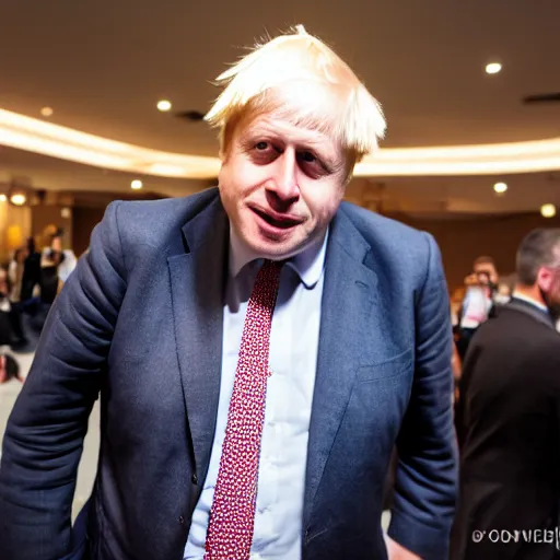 Prompt: Boris Johnson at the DEF CON conference in Las Vegas, EOS-1D, f/1.4, ISO 200, 1/160s, 8K, RAW, symmetrical balance, in-frame, Dolby Vision