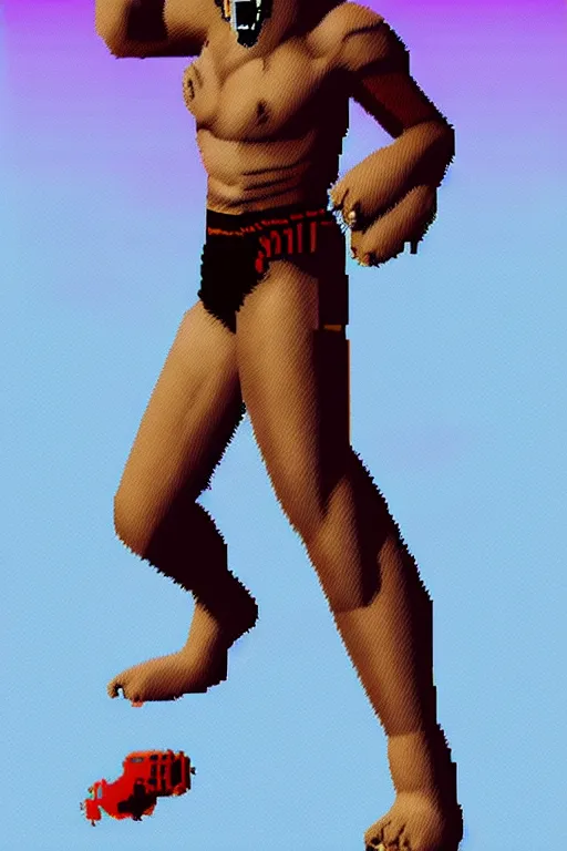 Image similar to full body shot antropomorphic muscular masculine furr wolf. kickboxer, in shorts. wolf head. furr on body. 8 bit nes graphics. vaporwave futuristic 8 0's