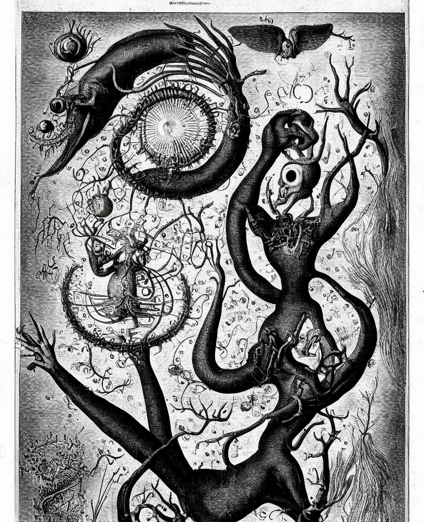 Image similar to whimsical freaky creature sings a unique canto about'as above so below'being ignited by the spirit of haeckel and robert fludd, breakthrough is iminent, glory be to the magic within