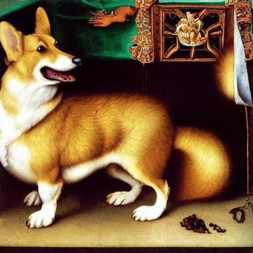 Prompt: a corgi eating a dragon by jan van eyck