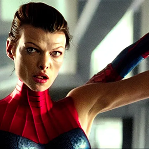 Prompt: Mila Jovovich as spiderwoman , film still, best scene,