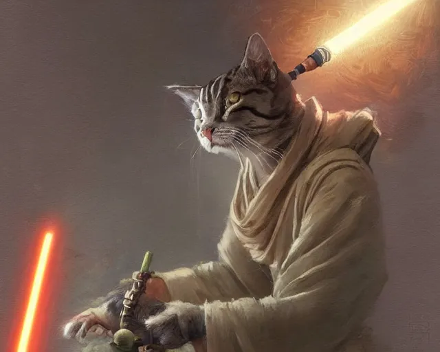 Image similar to Jedi cat order, anime, a fantasy digital painting by Greg Rutkowski and James Gurney, trending on Artstation, highly detailed