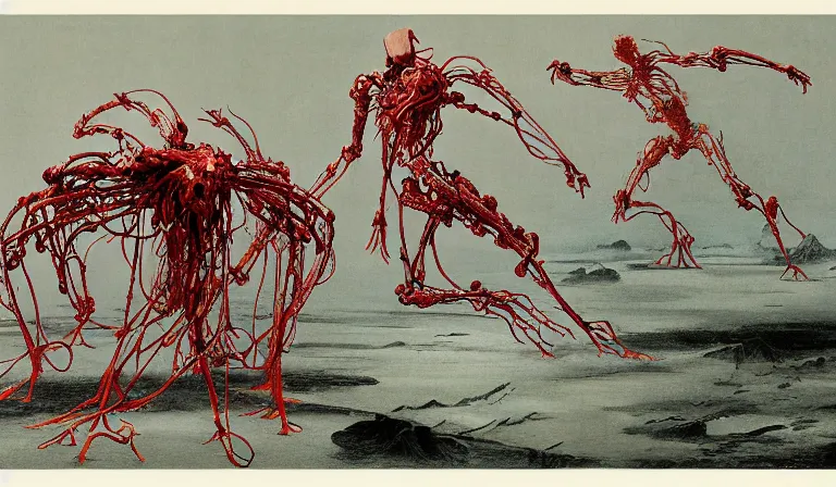 Image similar to still frame from Prometheus by Jakub rozalski by utagawa kuniyoshi by Yves Tanguy, Vast blossoming hell plains with resurrecting crimson filament mycelium biomechanical giger cyborgs in style of Jakub rozalski with character designs by Neri Oxman, metal couture haute couture editorial