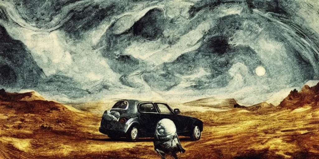 Prompt: portrait of a duny Bruggy driving on an alien planet, clouds visible, stars in the sky, mountains, etching, in the style of Goya