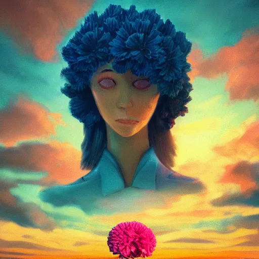 Image similar to giant carnation flower head, frontal, girl in a suit, surreal photography, sunrise, dramatic light, impressionist painting, digital painting, artstation, simon stalenhag