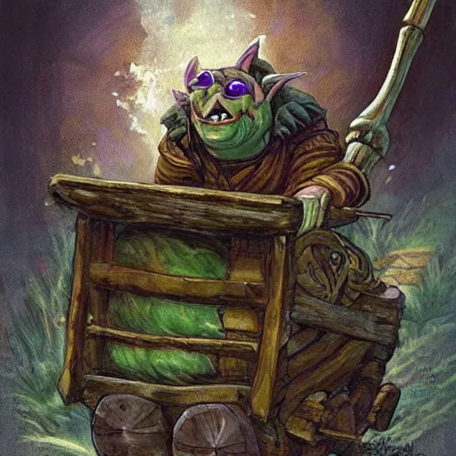 Prompt: painting of chubby goblin riding in a slapdash wooden cart holding a lance, fantasy art, magic : the gathering art, by diterlizzi