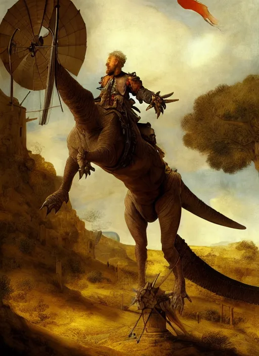 Prompt: portrait of don quixote sitting on a tyrannosaurus rex standing on a hill and looking in the direction of a windmill, digital art, highly detailed, stunning scene, realism, bright colors, trending on artstation, masterpiece, by rembrandt and carel fabritius